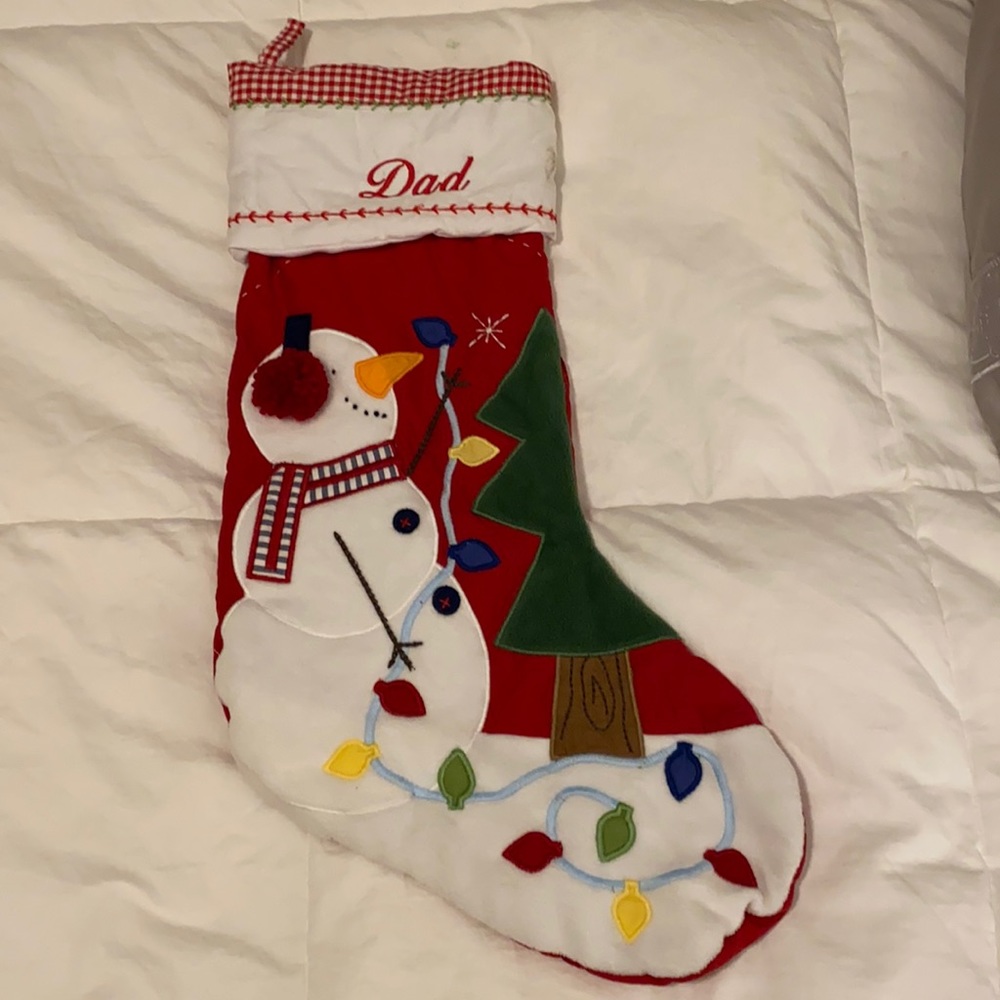 Pottery barn kids quilted snowman stocking Christmas GUC says DAD